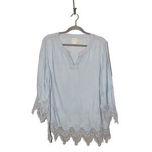 CHICO'S $88 Light Blue Embroidered Denim Tunic Lace Trim Chico's 1 / US‎ Medium